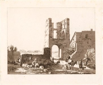 Landschap met vervallen poortgebouw, mensen en vee, objectnr A 16927