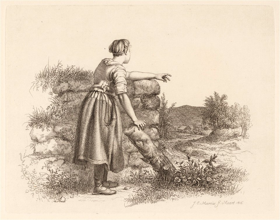Landschap met op muur leunende vrouw, objectnr A 12622