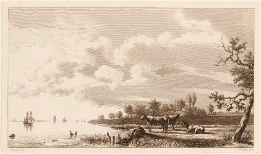 Landschap met links water met zeilschepen, objectnr A 16583