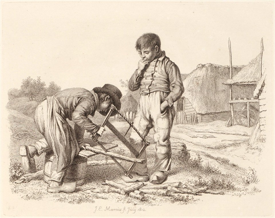 Landschap met twee jongens waarvan een met een trekzaag, objectnr A 12578