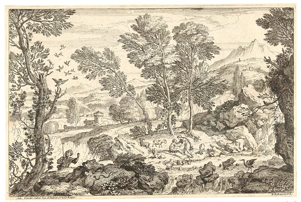 Landschap met waterval en diverse dieren