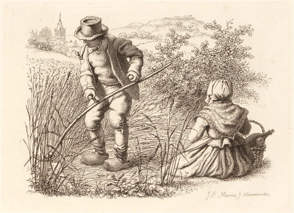 Landschap met maaiende boer en rustende boerin, objectnr A 12570