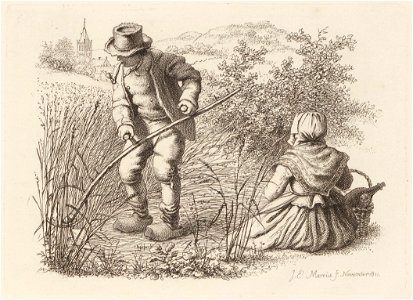 Landschap met maaiende boer en rustende boerin, objectnr A 12570