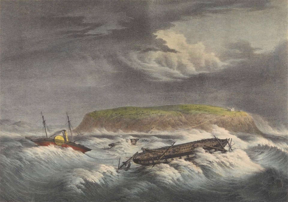 Lossy-page1-4800px-H.M.S. Pique Vesuvius and Zebra off Mt Carmel in the Bay of Acre, during the storm of Decr 2nd 1840 RMG PW8071 (cropped)
