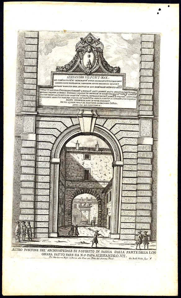 Lost portal to Ospedale di Santo Spirito in Via della Lungara (Rome) by Giovanni Battista Falda (1665)