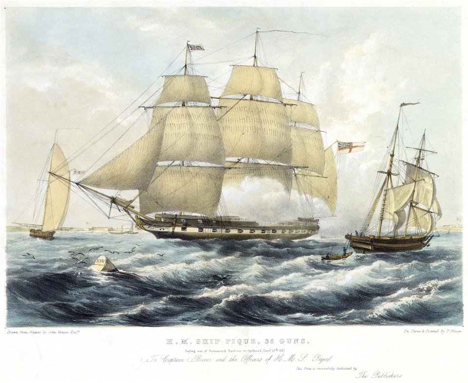 Lossy-page1-1248px-H.M. Ship Pique 36 Guns Sailing out of Portsmouth Harbour to Spithead, Septr 10th 1837 RMG PW8066