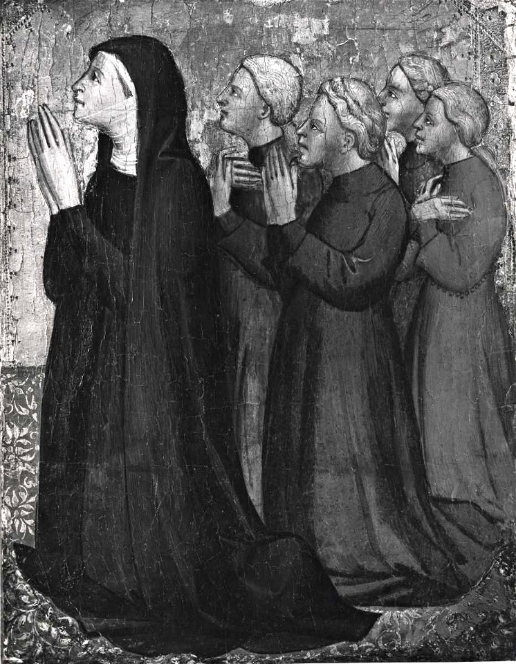 Lorenzo Monaco. Piera degli Albizzi Kneeling with her Gaughters, Priv. coll