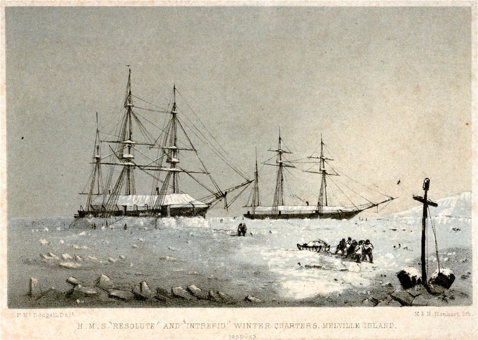 Lossy-page1-4800px-H.M.S Resolute and Intrepid winter Quarters, Melville Island, 1852-53 RMG PU6194