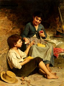 Luigi Bechi Zwei Kinder mit Brot und Äpfeln