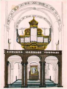 Maastricht, interieur OLV-kerk met orgeltribune (Ph v Gulpen, ca 1840)
