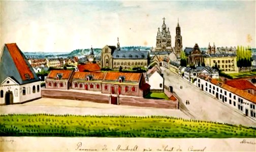 Maastricht, gezicht vanaf stadswal nabij St-Servaasbolwerk met Jekermanège, Jekerkazerne, Kruisherenklooster, St-Servaaskerk en klooster Calvariënberg
