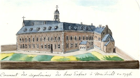 Maastricht, reconstructie Bonnefantenklooster (Ph v Gulpen, ca 1850). Free illustration for personal and commercial use.