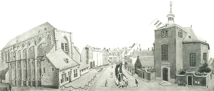 Maastricht, St Pieterstraat, Oude Minderbroederskerk en Waalse Kerk (Ph v Gulpen , ca 1840)