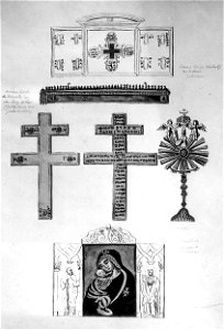 Maastricht, Schatkamer OLV-kerk, diverse reliekhouders (Ph v Gulpen, ca 1850). Free illustration for personal and commercial use.