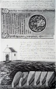 Maastricht, St-Lambertuskapel, Grafzerk Van Eynatten & vondst Merovingische sarcofagen (Ph v Gulpen, ca 1847)