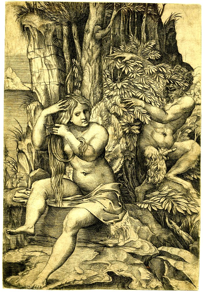Marco da Ravenna - Pan spying from behind a bush at right, watching the nymph Syrinx, nude, seated on a rock, combing her hair. c.1516, 1863,0725.1545