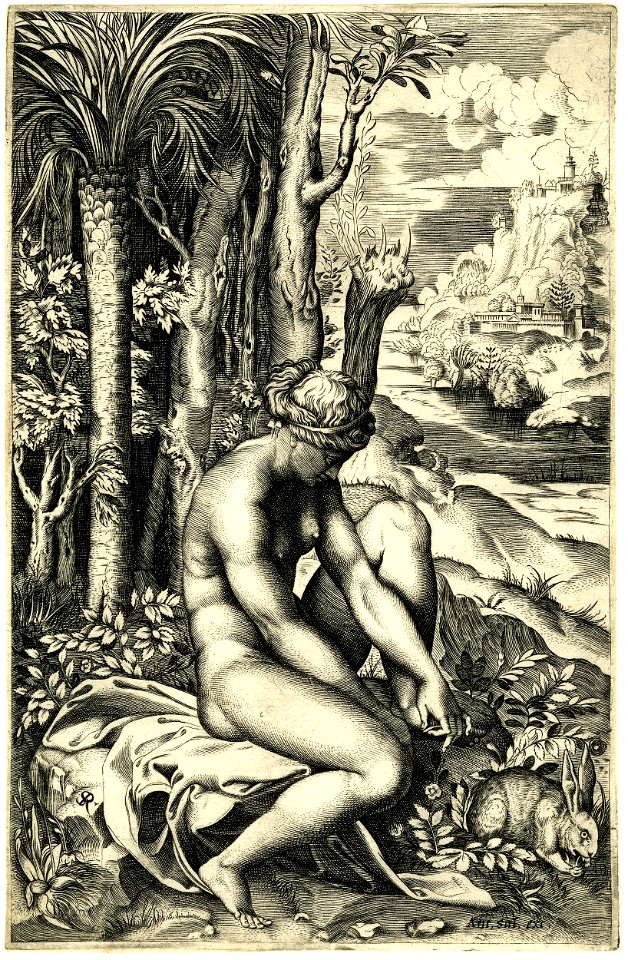 Marco da Ravenna - Venus sitting on a piece of drapery on a rock, lifting her left leg in order to remove a rose thorn from her left foot, H,7.56