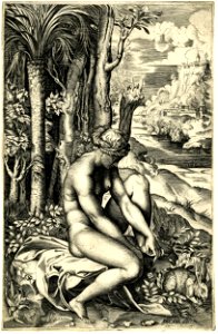 Marco da Ravenna - Venus sitting on a piece of drapery on a rock, lifting her left leg in order to remove a rose thorn from her left foot, H,7.56
