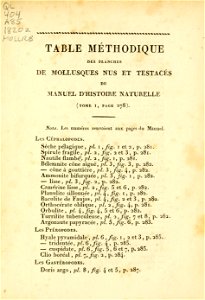 Manuel de l'histoire naturelle des mollusques Table Methodique 1
