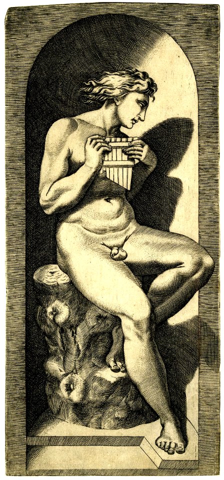 Marco da Ravenna - A young nude Olympus, sitting on a tree stump in a niche, holding a set of pan-pipes with both hands., H,2.65