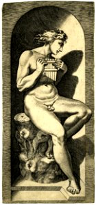 Marco da Ravenna - A young nude Olympus, sitting on a tree stump in a niche, holding a set of pan-pipes with both hands., H,2.65
