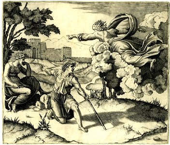 Marco da Ravenna - God supported on a cloud appearing to Isaac who kneels on one knee before him holding a long stick in his left hand, 1853,0611.248