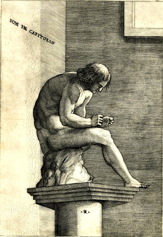 Marco da Ravenna - Statue of a young nude man sitting on a tree stump atop a pedestal and removing a thorn from his left foot., 1873,0809.752