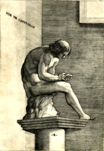 Marco da Ravenna - Statue of a young nude man sitting on a tree stump atop a pedestal and removing a thorn from his left foot., 1873,0809.752