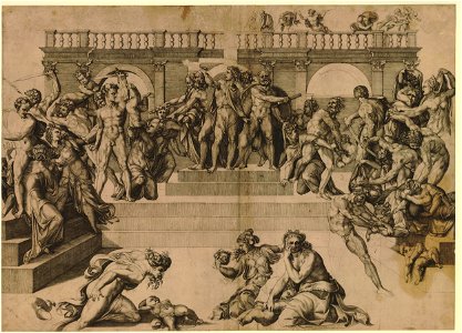Marco da Ravenna - The massacre of the innocents, with Herod and his officers standing on a dais in front of a screen supervising the carnage, V,2.132