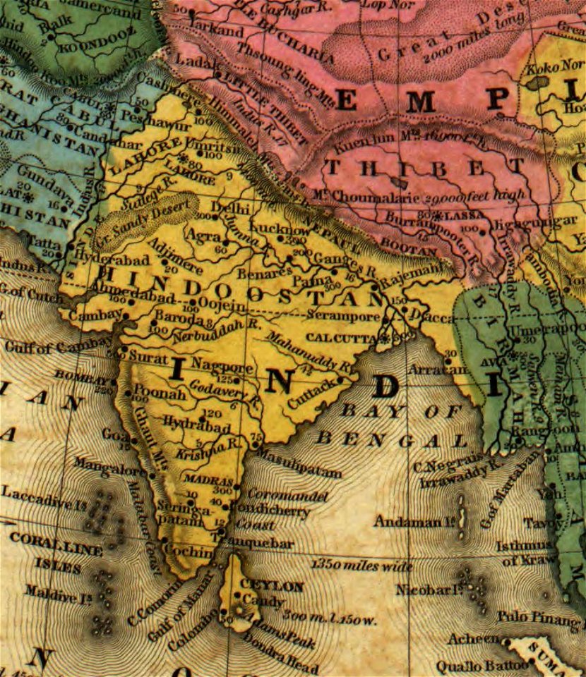 Map of (Thibet) with Lhasa (Lassa) capitol and India (Hindoostan) with Calcutta capitol in 1839 from Mitchell's School Atlas LOC 2007633727-13 (cropped)