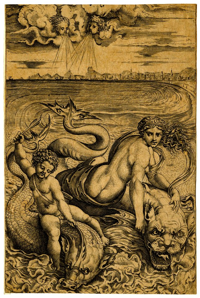 Marco da Ravenna - Venus and Cupid riding on the backs of two sea creatures (dolphins), H,2.79