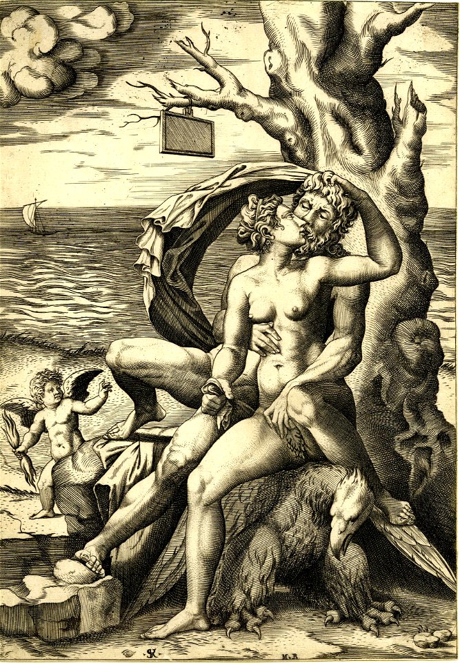 Marco da Ravenna - Jupiter is sitting against a tree caressing Semele who is sitting in front of him on the back of an eagle, H,7.48