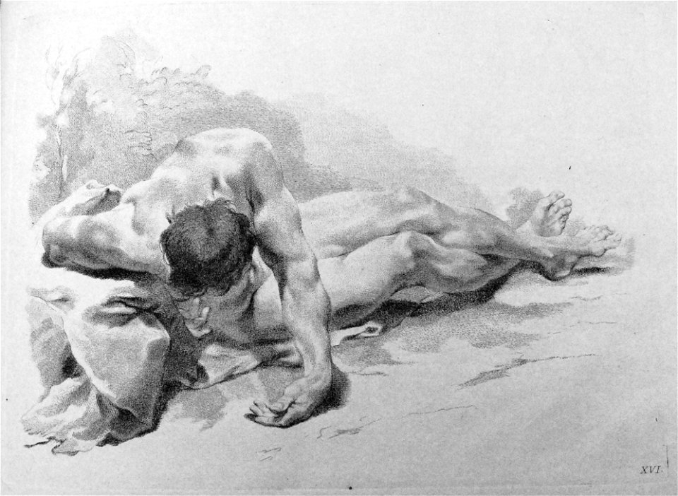 Marco Pitteri - Plate 16 Academic study of a nude seated male; his legs outstretched, his torso folded forward and his face down showing only the crown of his head; with shading. 1760, 1860,1208.309