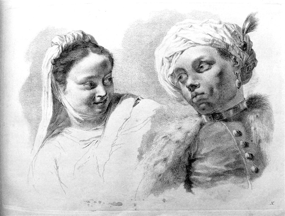 Marco Pitteri - Plate 10 Bust of a woman wearing a veil headdress; she looks toward a young Turk, who is wearing a turban adorned with a feathered pin; with shading. 1760, 1860,1208.297