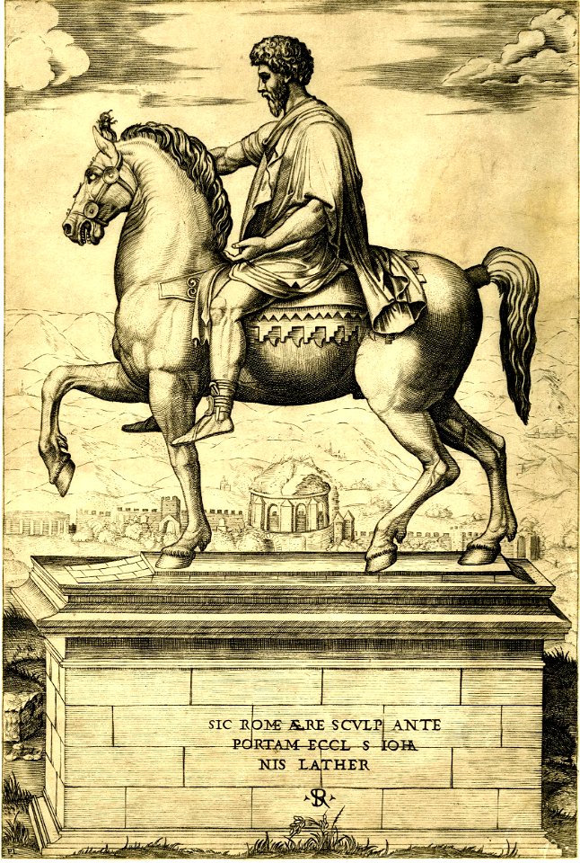 Marco da Ravenna - An equestrian statue of Marcus Aurelius upon an inscribed pedestal, H,3.123