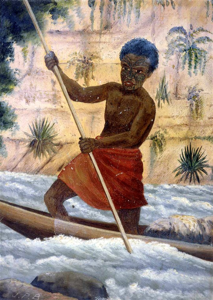 Maori poling a canoe in rapids. ca 1880, oil painting by John Philemon Backhouse