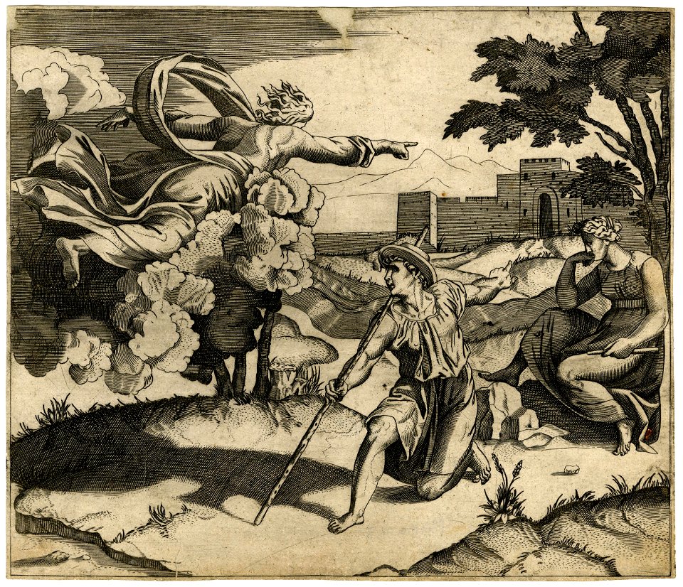 Marco da Ravenna - After - God supported on a cloud appearing to Isaac who kneels on one knee before him holding a long stick in his left hand, 1856,0112.348