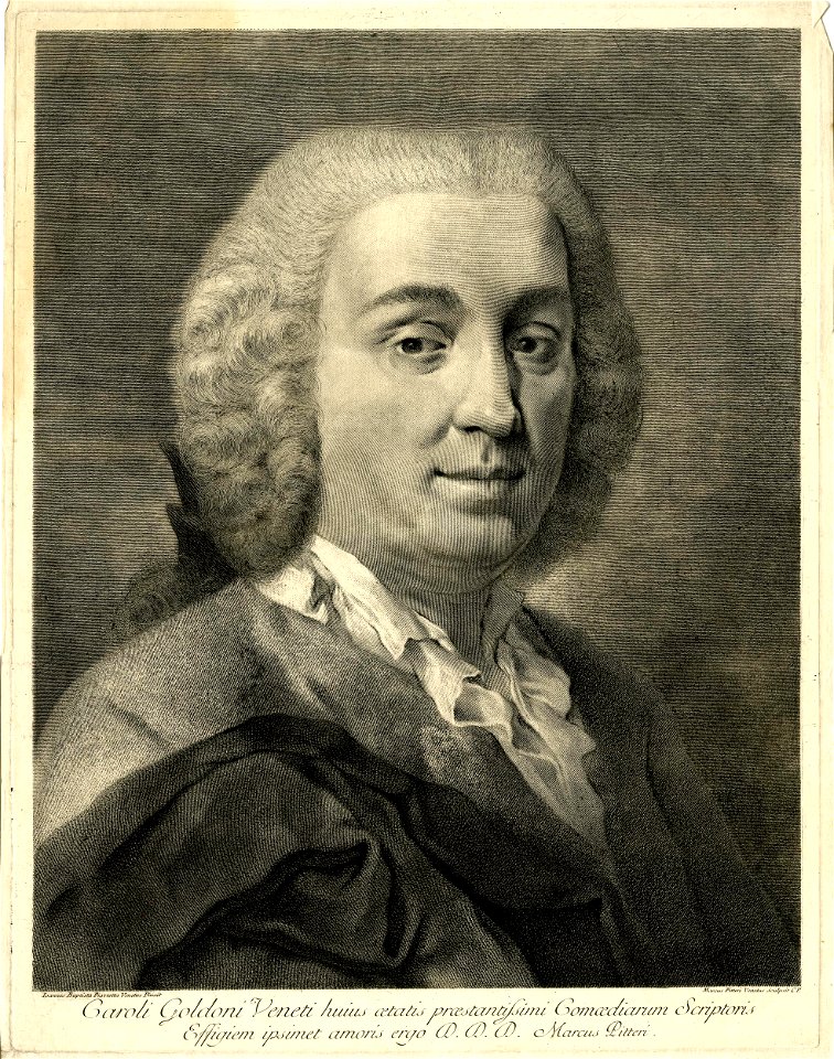 Marco Pitteri - Portrait of Carlo Goldoni, bust, facing front, wearing wig and jacket over shirt with frilly collar; after Piazzetta, 1872,0113.8