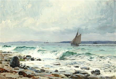 Christian Mølsted - Seascape with waves and sailing ship
