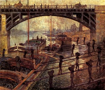 Monet men unloading coal. Free illustration for personal and commercial use.