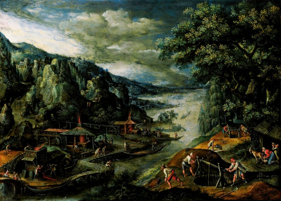 Marten van Valckenborch - A River Valley with Iron Mining Scenes