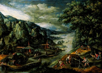 Marten van Valckenborch - A River Valley with Iron Mining Scenes. Free illustration for personal and commercial use.