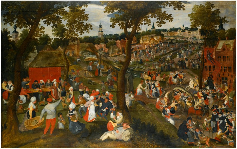 Marten van Cleve - A village celebrating the kermesse of Saint Sebastian, with an outdoor wedding feast with guests bringing gifts