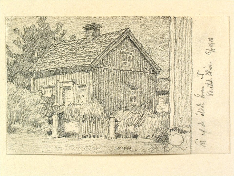 Motala. Ett af de äldsta husen vid Motala Ström . Teckning av Ferdinand Boberg - Nordiska museet - NMA.0090533