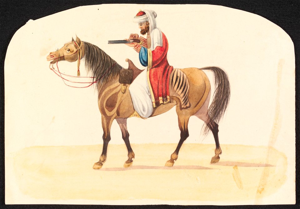 Mounted horseman loading gun