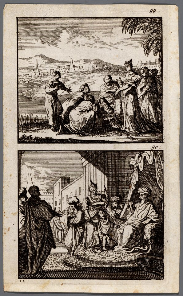 Mozes gevonden door de dochter van de farao, De kleine Mozes vertrapt de kroon van de koning op zijn troon, objectnr A 48043