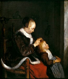 Mother Combing the Hair of Her Child 1652-3 Gerard ter Borch. Free illustration for personal and commercial use.