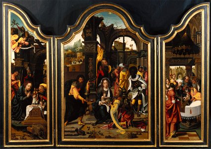 Master of 1518 - The Adoration of the Magi, left panel, The Nativity, right panel, The Presentation in the Temple - 1991.146 - Fogg Museum. Free illustration for personal and commercial use.