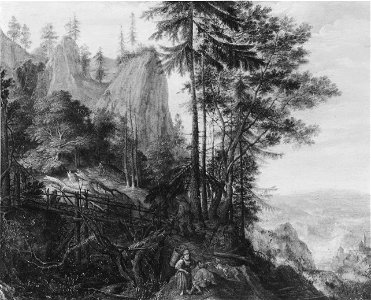 Mountainous Landscape with Figures and a Bridge (Roelant Savery) - Nationalmuseum - 22525. Free illustration for personal and commercial use.