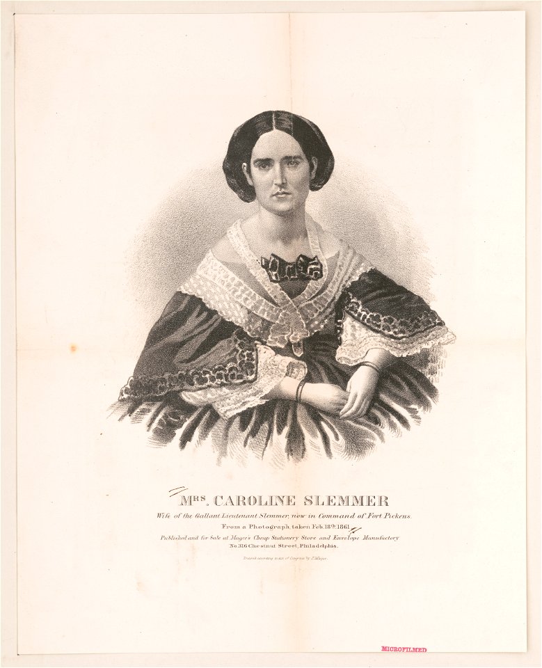 Mrs. Caroline Slemmer wife of the gallant Lieutenant Slemmer, now in command of Fort Pickens. From a photograph taken Feb. 18th 1861 LCCN2003671577
